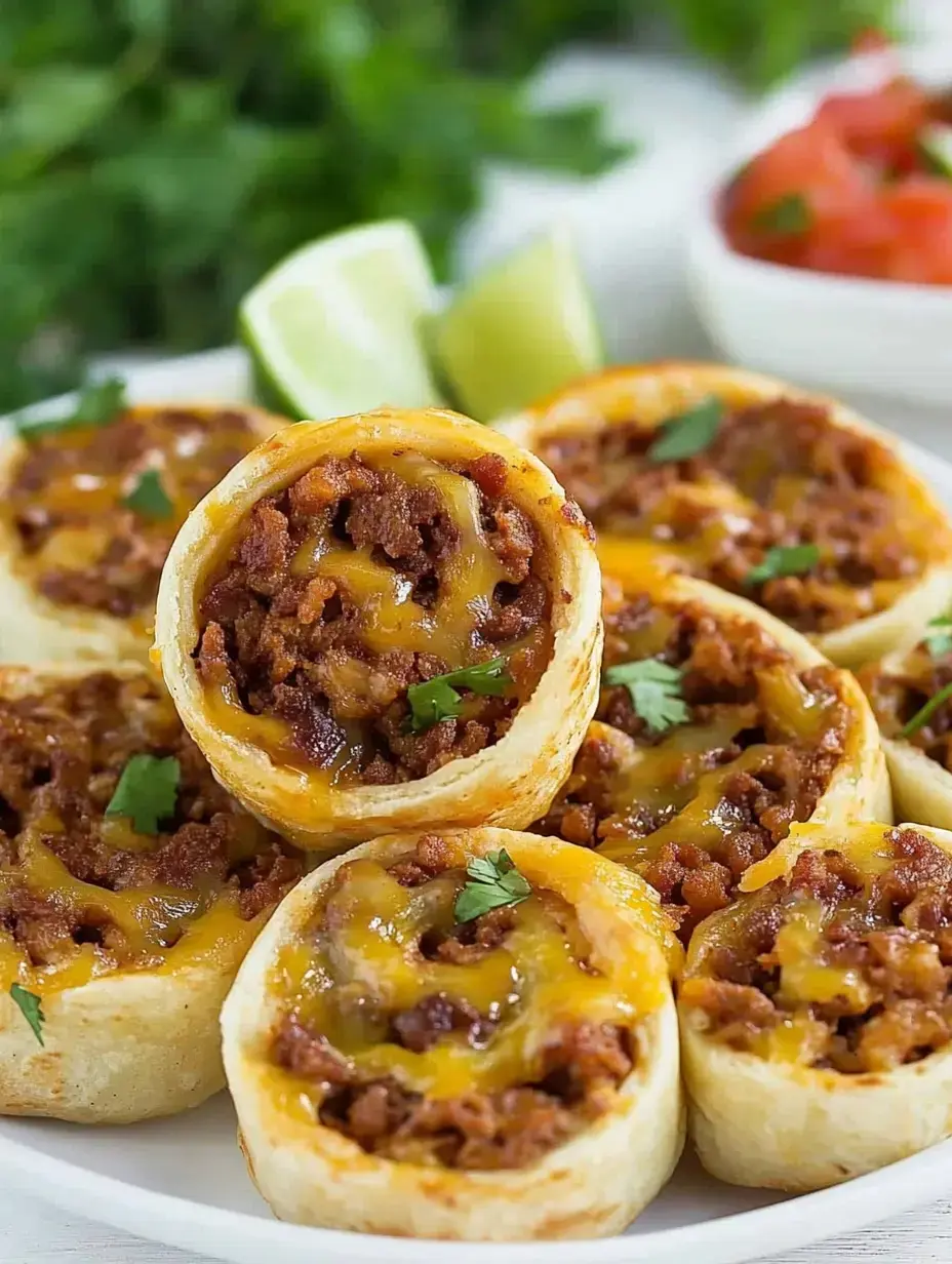 Une assiette de roulés taco croustillants farcis de viande assaisonnée et de fromage fondu, garnis de coriandre et servis avec des quartiers de citron vert et de la salsa en arrière-plan.
