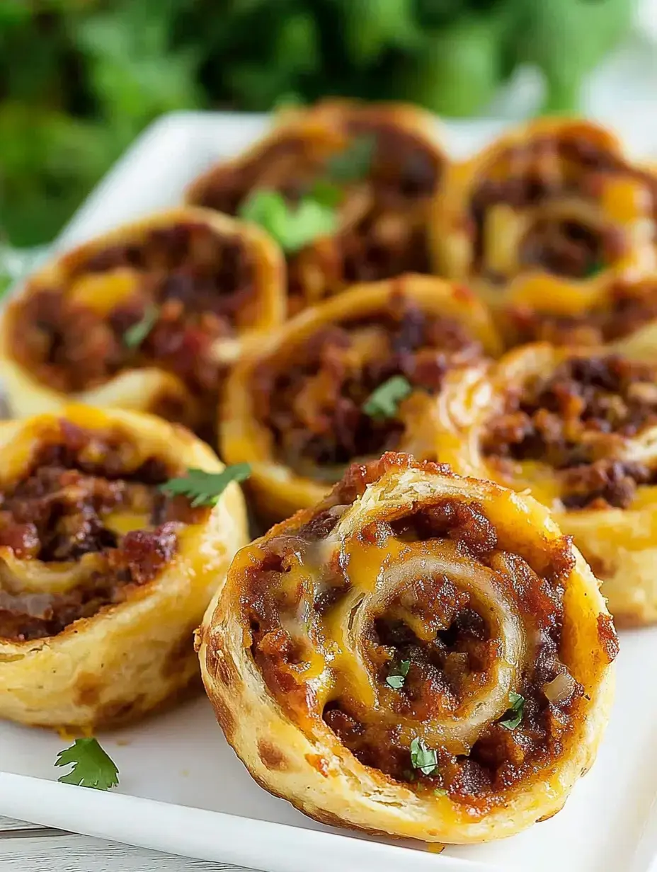 Une assiette de roulés en spirale cuits, farcis de viande assaisonnée et de fromage, garnis de petits morceaux de coriandre.