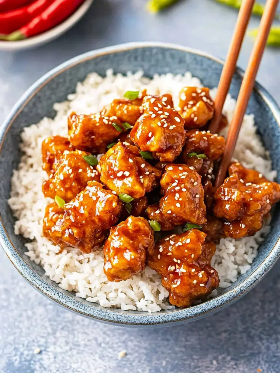 Un bol de riz blanc garni de morceaux de poulet glacés, décoré de graines de sésame et de ciboulette, avec des baguettes posées sur le côté.