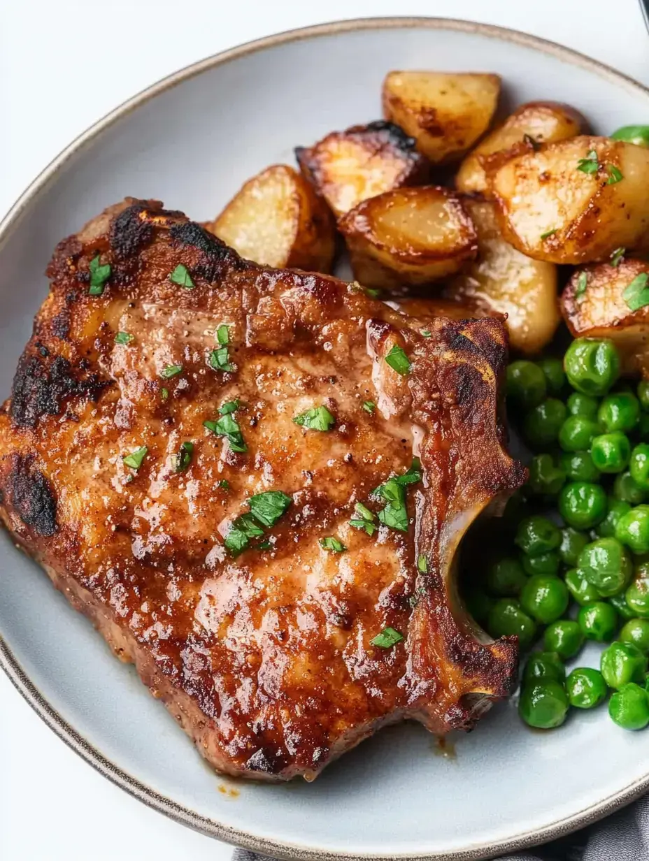 Une assiette contenant une côtelette de porc grillée garnie de persil, accompagnée de pommes de terre rôties et de petits pois verts.