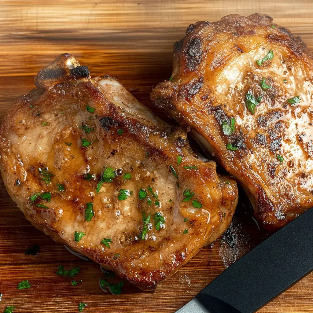 Deux côtelettes de porc grillées garnies de persil frais, posées sur une planche à découper en bois à côté d'un couteau.