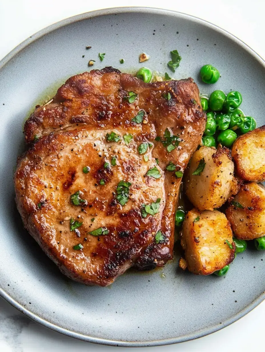 Une assiette de côtelette de porc cuite garnie d'herbes hachées, accompagnée de petits pois verts et de pommes de terre rôties dorées.