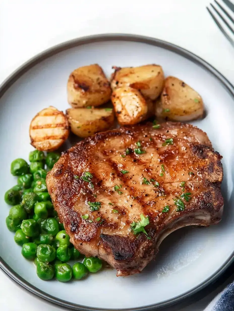 Une côtelette de porc grillée est servie sur une assiette avec des petits pois verts et des pommes de terre rôties.