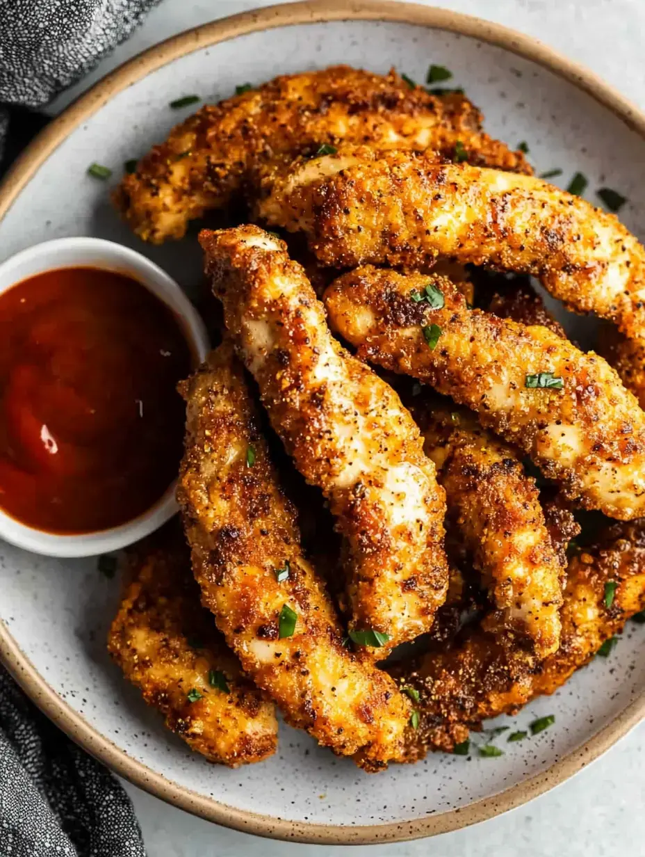 Une assiette de filets de poulet croustillants et dorés garnis d'herbes vertes, accompagnés d'un petit bol de sauce pour tremper.