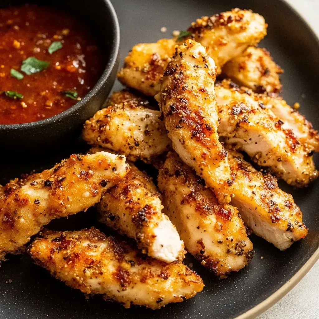Une assiette de filets de poulet dorés et croustillants servie avec un petit bol de sauce rouge pour tremper.