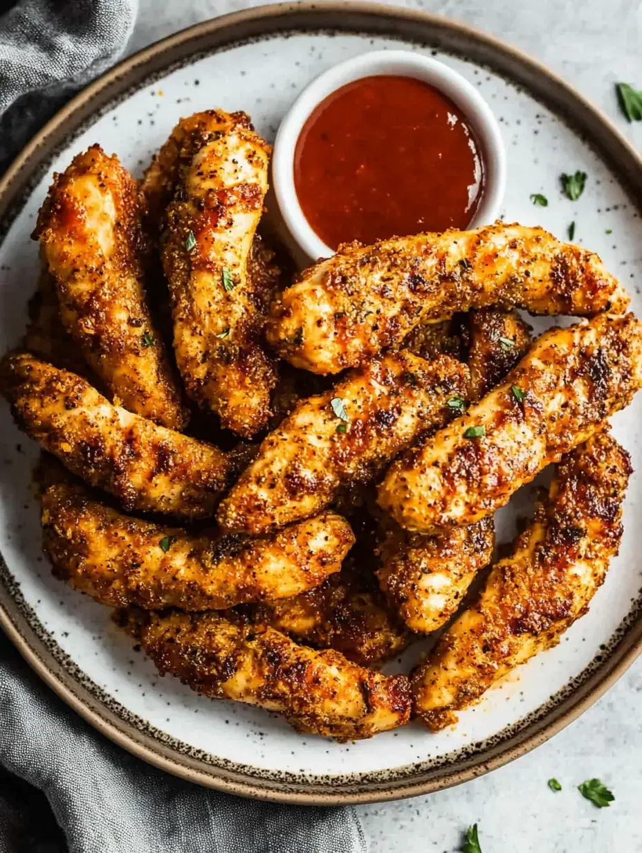 Une assiette de filets de poulet dorés et croustillants servie avec un petit bol de sauce pour tremper.