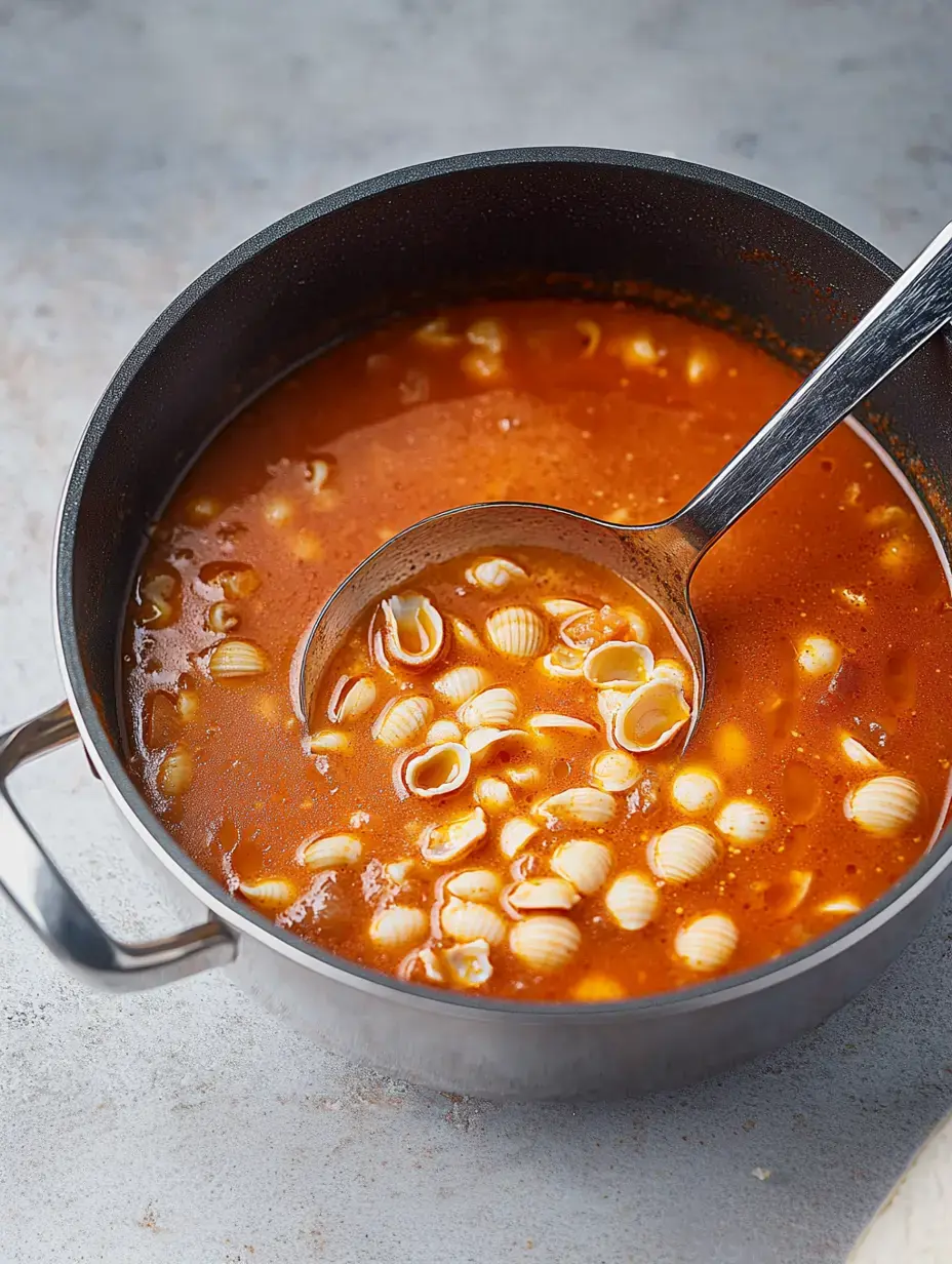 Une marmite de soupe à la tomate contenant de petites pâtes en forme de coquillages avec une louche à l'intérieur.