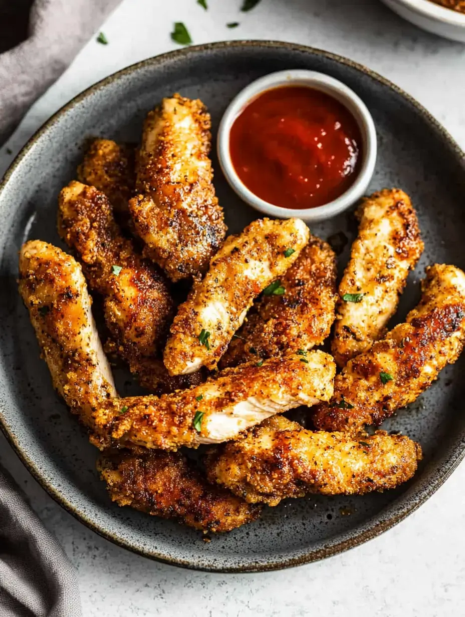 Une assiette de filets de poulet dorés avec un petit bol de sauce à proximité.