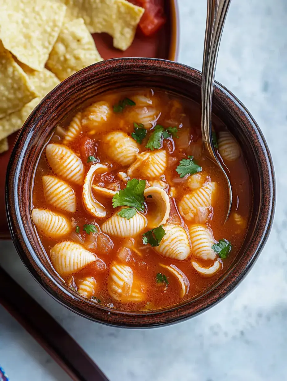 Un bol de soupe avec des pâtes coquillages et de la coriandre hachée, accompagné d'une assiette de chips de tortilla.