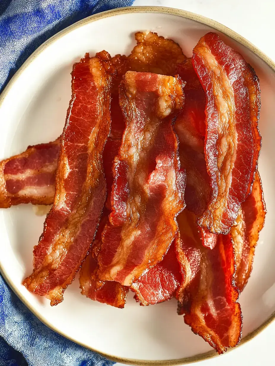 Une assiette de tranches de bacon croustillantes disposées soigneusement sur un plat blanc.