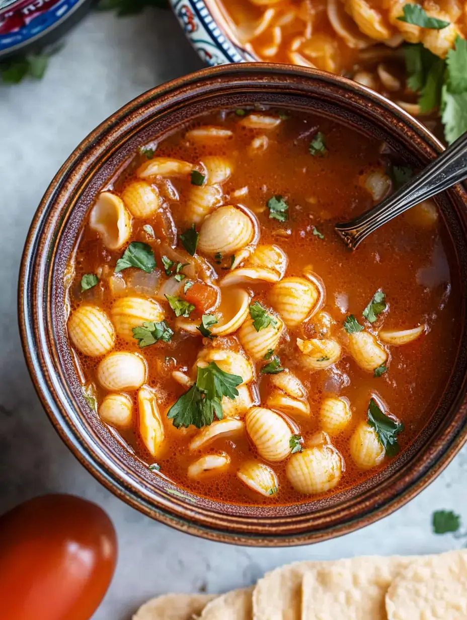 Un bol de soupe aux pâtes garni de coriandre fraîche, accompagné d'une tomate et de chips de tortilla.