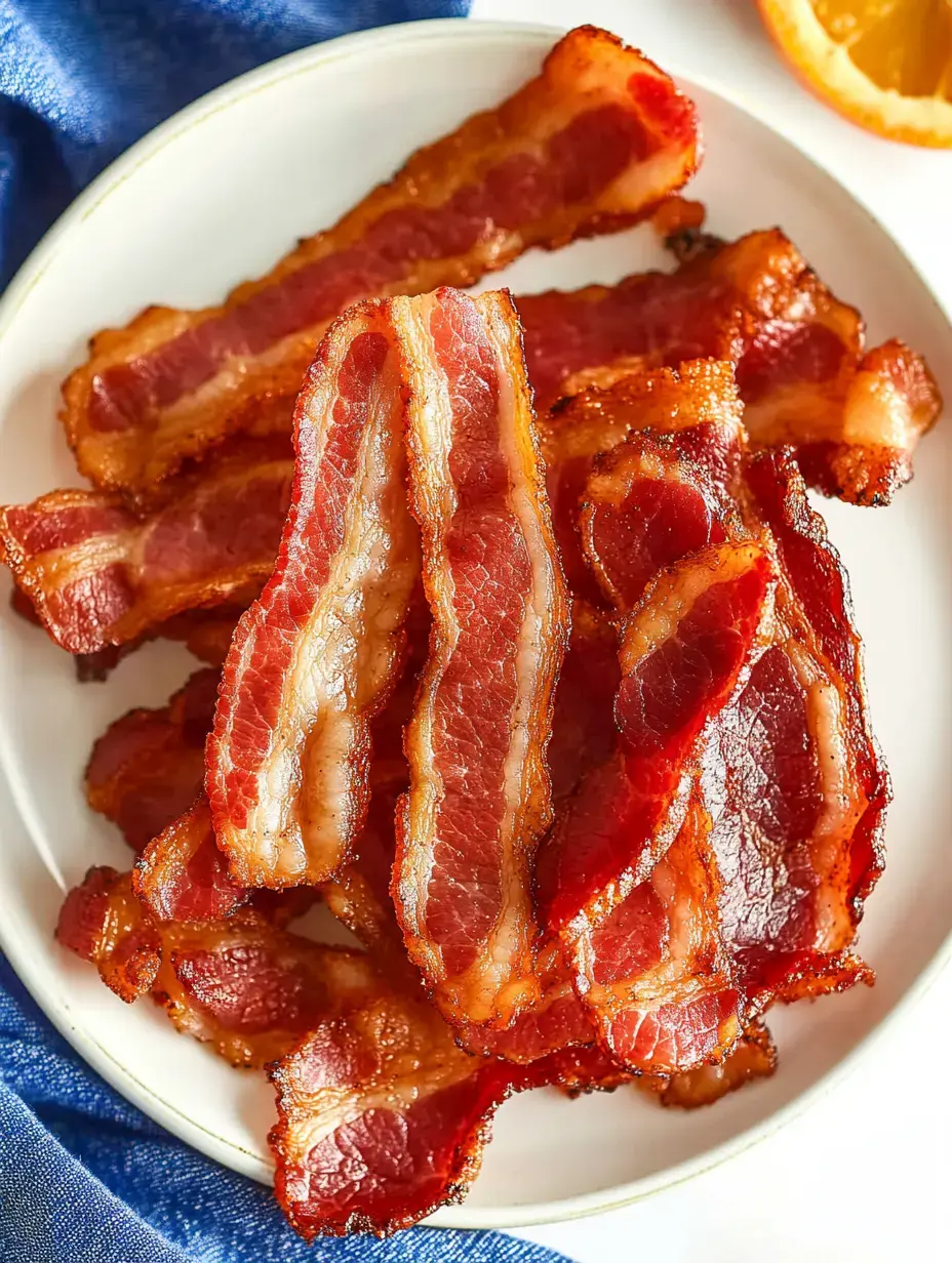 Une assiette de tranches de bacon croustillantes disposées soigneusement sur une assiette blanche, avec un torchon bleu et une tranche d'orange en arrière-plan.