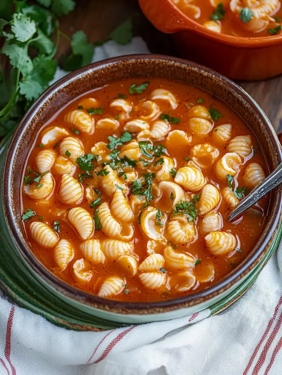 Un bol de pâtes dans un bouillon orange riche garni de persil frais, accompagné d'un autre plat de la même soupe en arrière-plan.