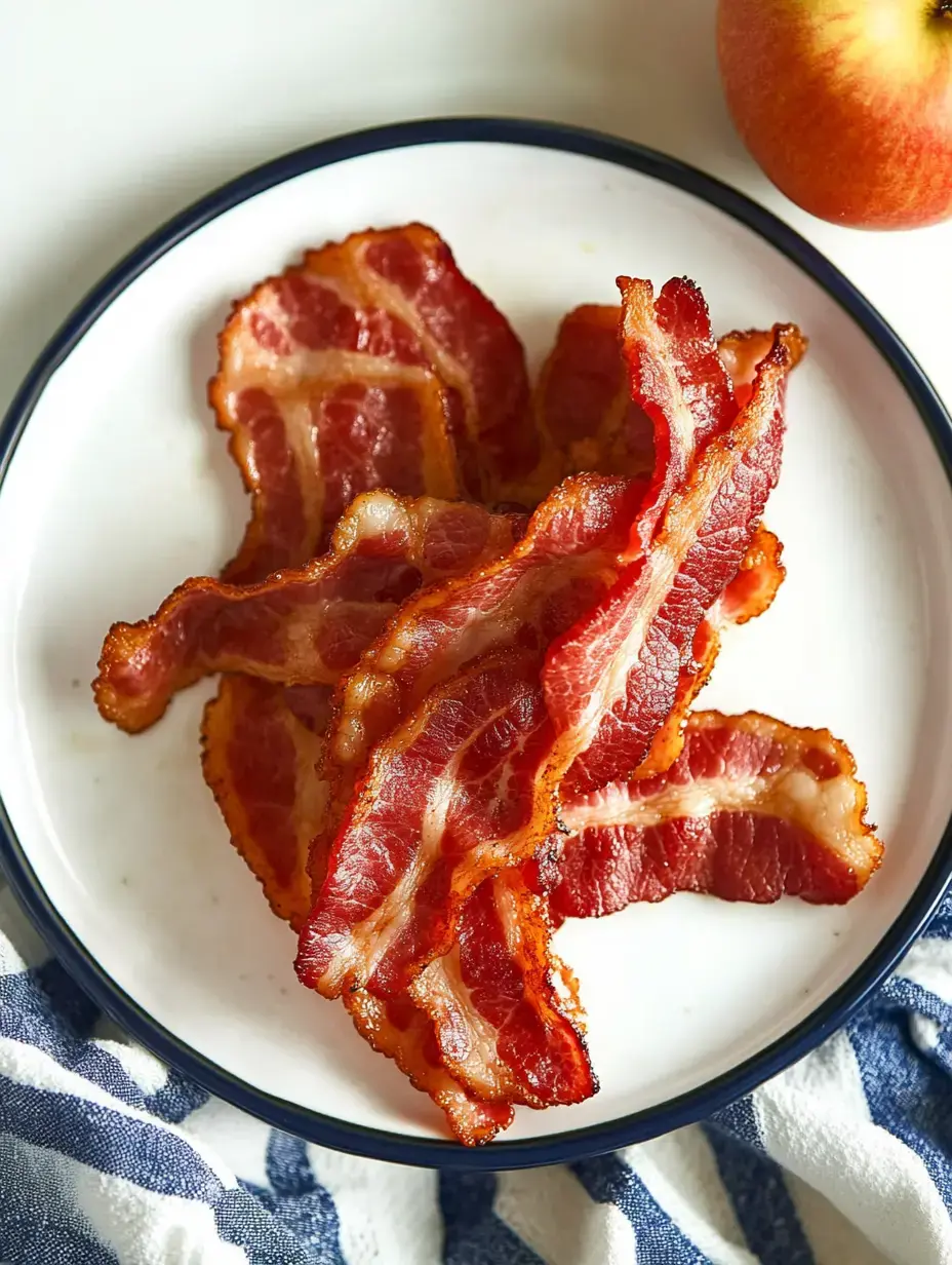 Une assiette de tranches de bacon croustillantes est présentée à côté d'une pomme rouge.