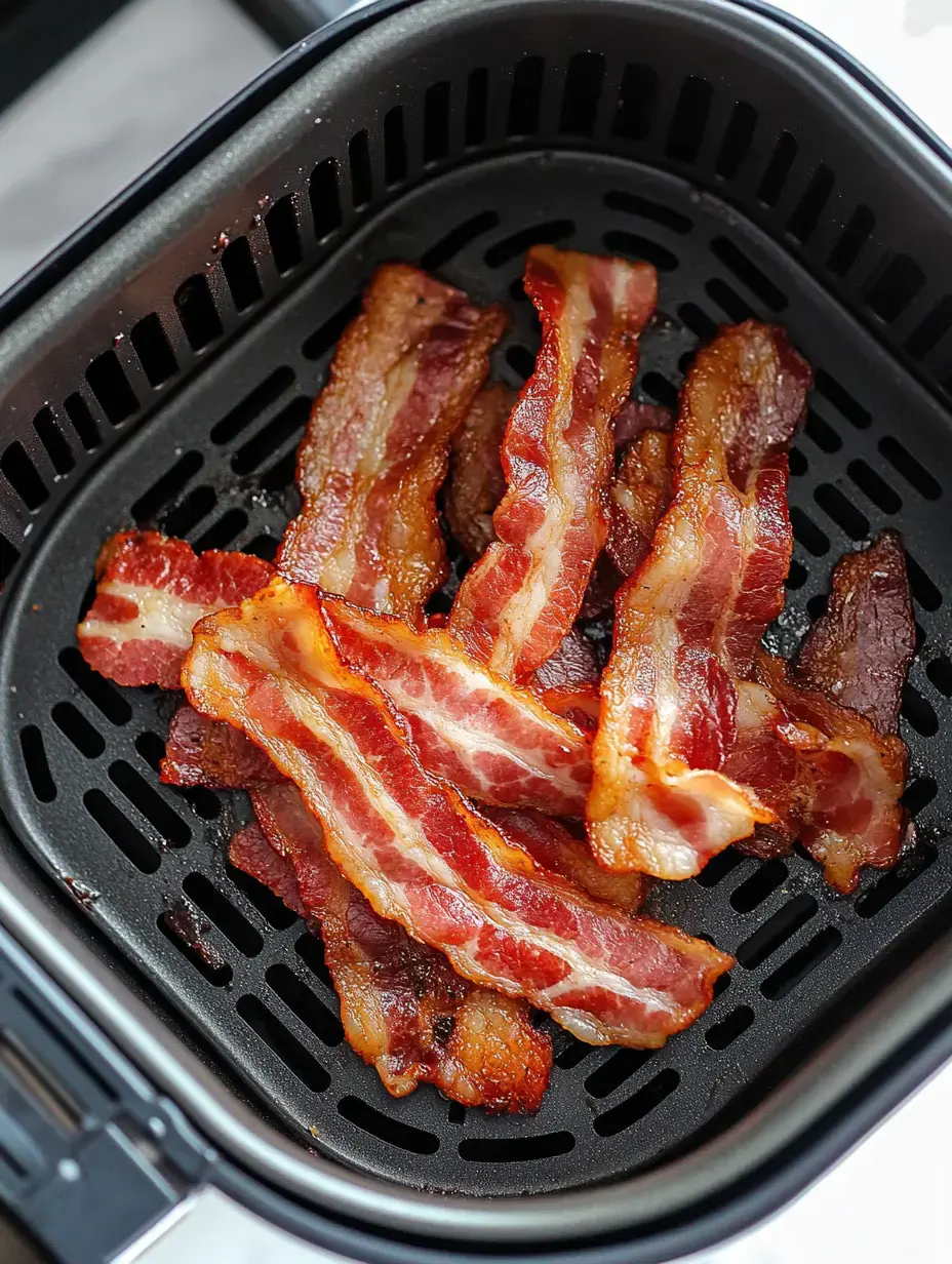 Des tranches croustillantes de bacon cuit sont disposées dans un panier noir de friteuse à air.