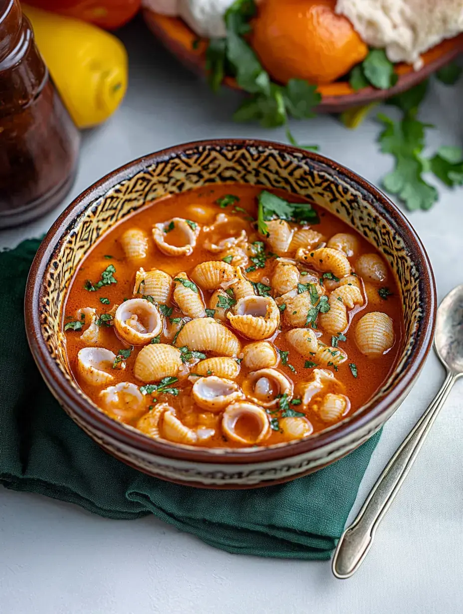 Un bol de pâtes coquillages dans un bouillon de tomate riche, garni de coriandre hachée, posé sur un tissu vert, avec des poivrons colorés et du pain en arrière-plan.