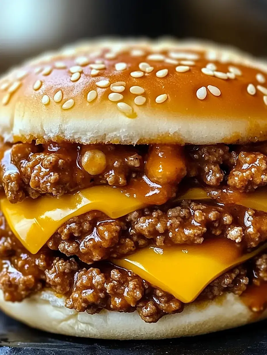 Gros plan d'un pain aux graines de sésame garni de couches de bœuf haché au fromage et d'une sauce riche.