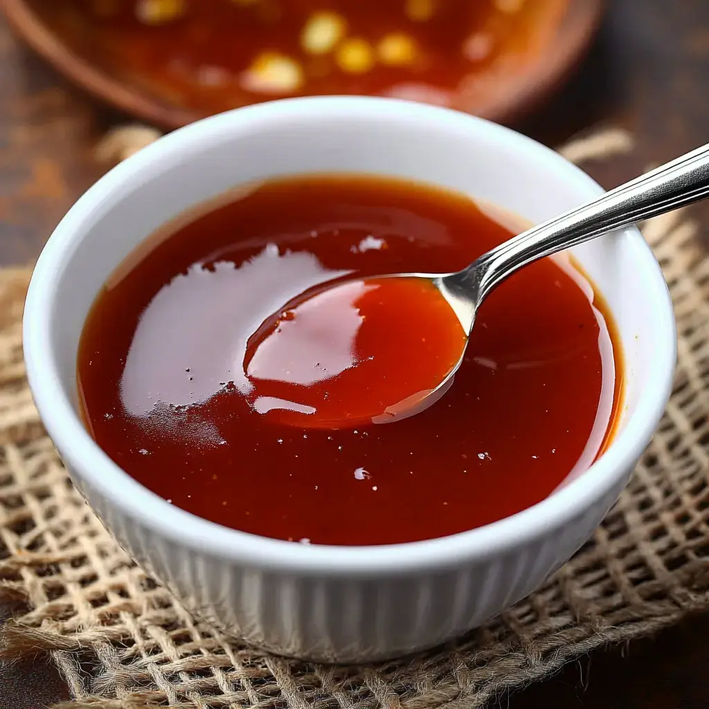 Un bol blanc rempli d'une sauce rouge et brillante avec une cuillère argentée posée à l'intérieur, sur une surface brune texturée.