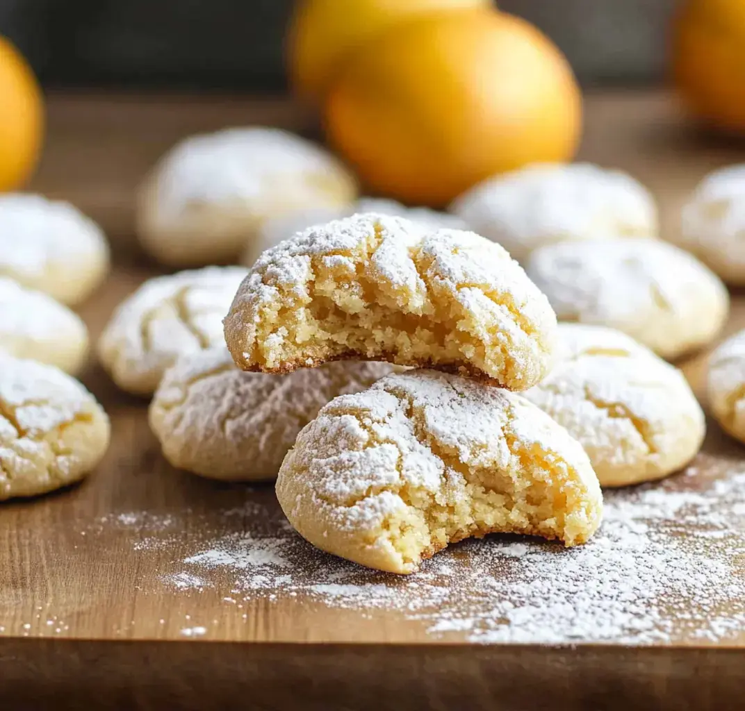 Un empilement de biscuits saupoudrés de sucre glace, avec une bouchée croquée dans le biscuit du dessus, présenté sur une surface en bois, des oranges floues en arrière-plan.