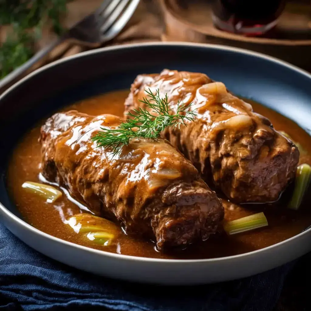 De délicieuses roulades de viande dans une sauce brune onctueuse, garnies d'une branche d'aneth, servies avec du céleri dans une assiette sombre.
