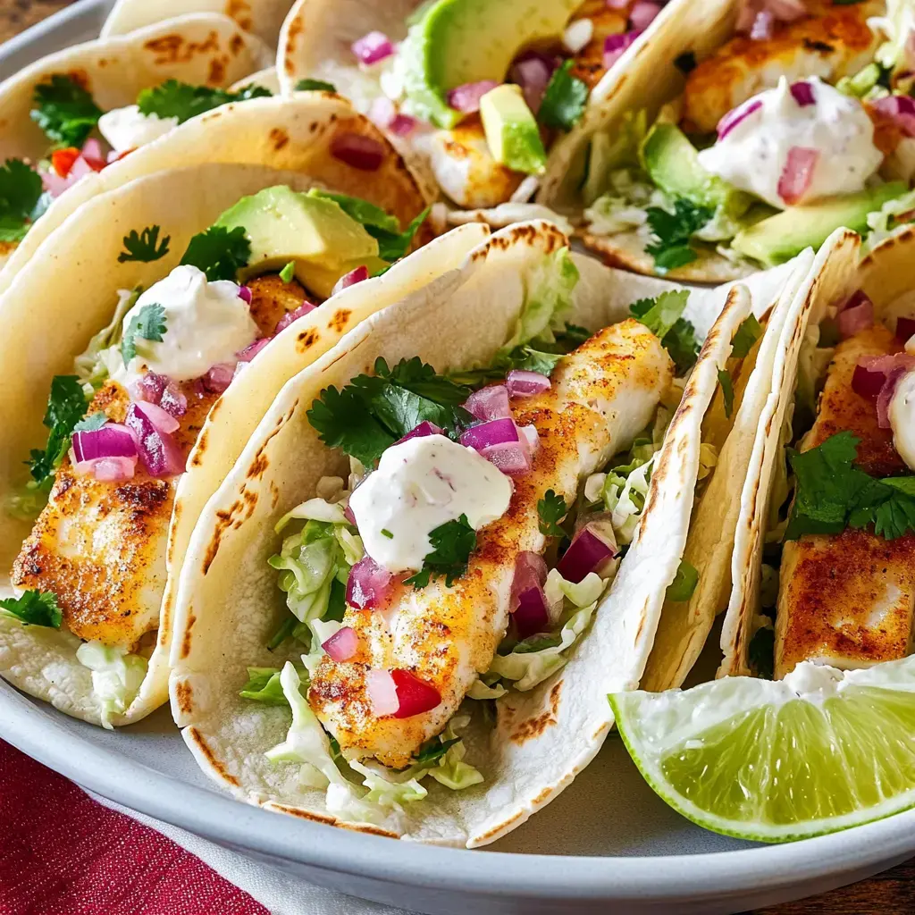 Un plateau de tacos au poisson garnis de poisson grillé, laitue, avocat, oignons rouges en dés, coriandre, et une noisette de sauce crémeuse, accompagnés de quartiers de citron vert.