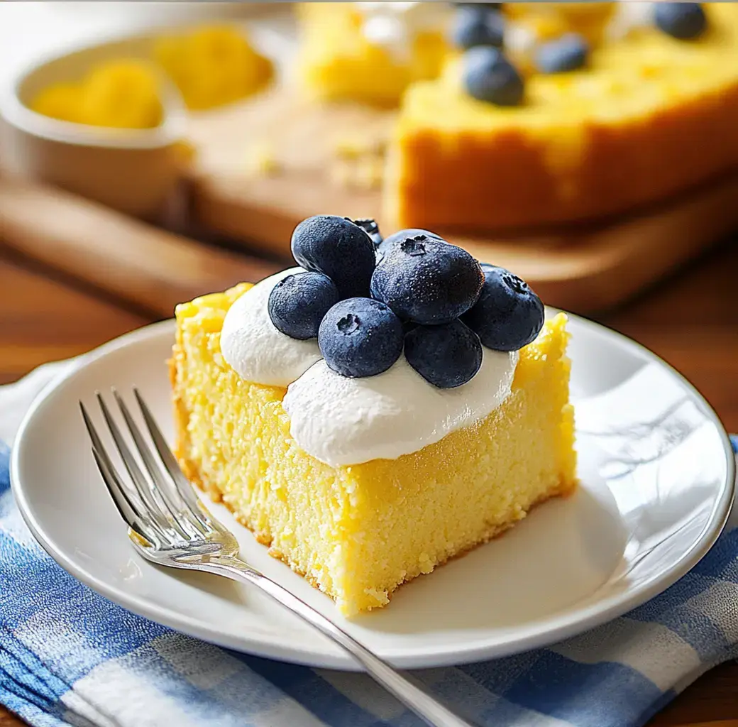 Une part de gâteau jaune surmontée de crème chantilly et de myrtilles fraîches, servie dans une assiette blanche sur une nappe à carreaux bleus et blancs.