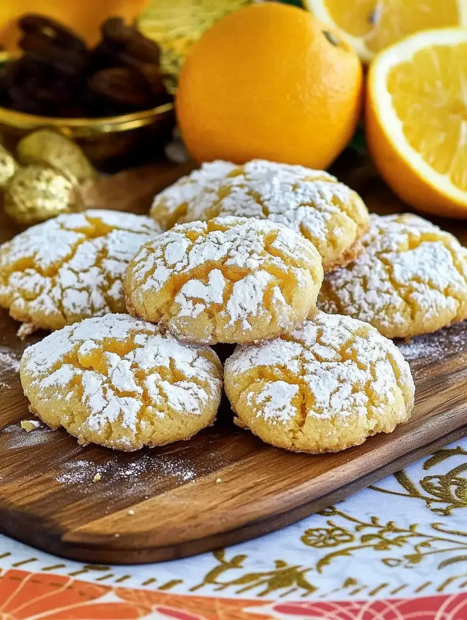 Un gros plan de biscuits à l'orange saupoudrés de sucre glace disposés sur un plateau en bois, avec des oranges fraîches en arrière-plan.