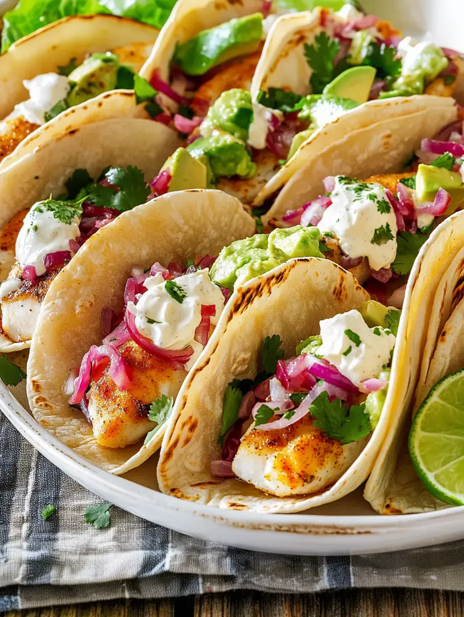 Un gros plan d'une assiette remplie de tacos de poisson garnis d'avocat, de crème, de coriandre et d'oignons rouges, accompagnés d'un quartier de citron vert.