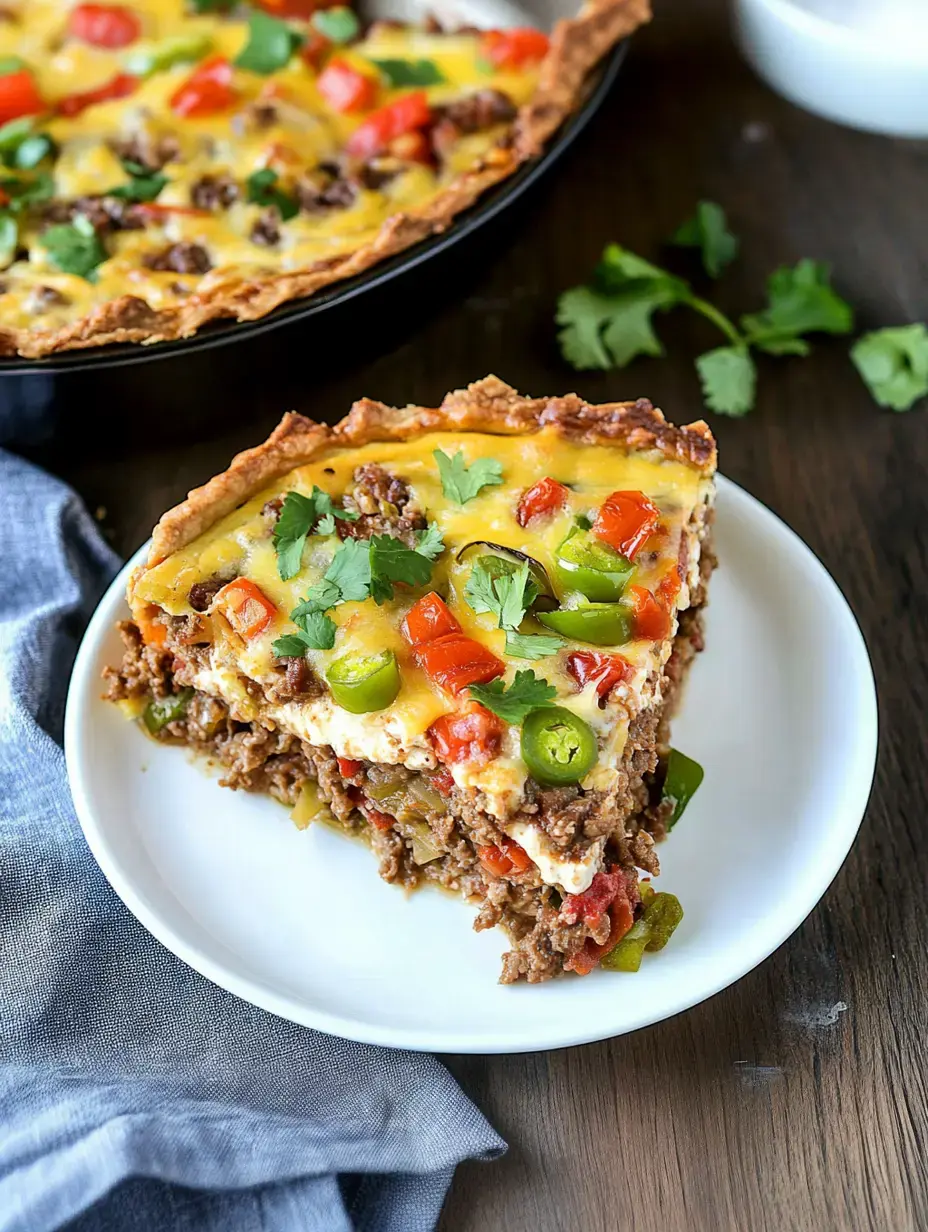 Une part de tarte étagée à la viande et aux légumes, garnie de fromage et de coriandre fraîche, servie sur une assiette blanche avec la tourte entière en arrière-plan.