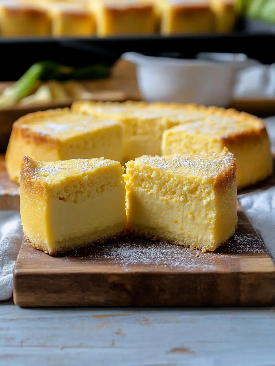Une part de gâteau crémeux, saupoudrée de sucre glace, posée sur une planche en bois avec d'autres morceaux de gâteau en arrière-plan.