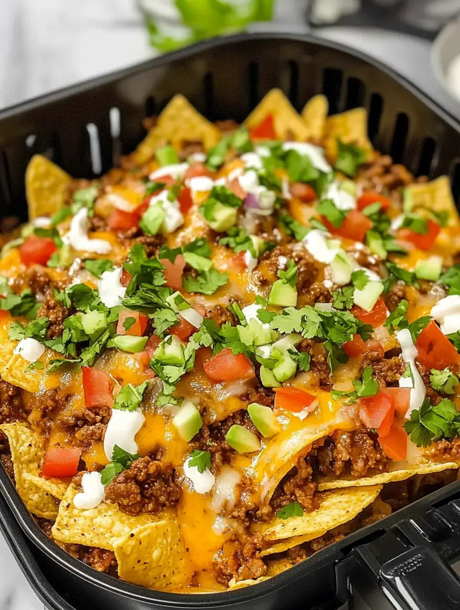 Zoom gourmand sur un plat de nachos garni de bœuf haché épicé, fromage fondu, dés de tomate, oignons nouveaux et coriandre fraîche dans un plat noir.