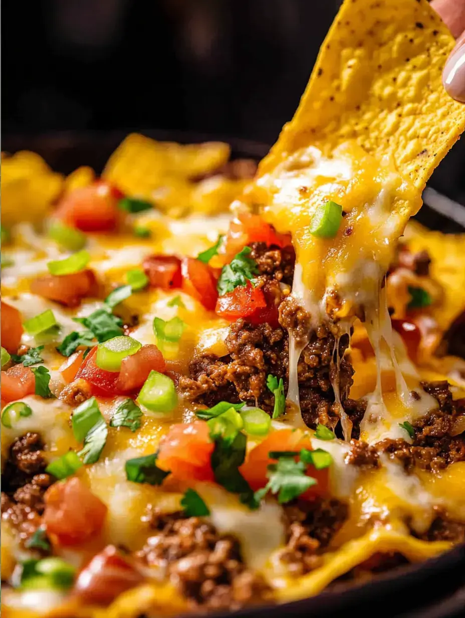Zoom sur des nachos dégoulinants de fromage, surmontés de bœuf haché, morceaux de tomate fraîche, oignons verts et coriandre, attrapés à la main.