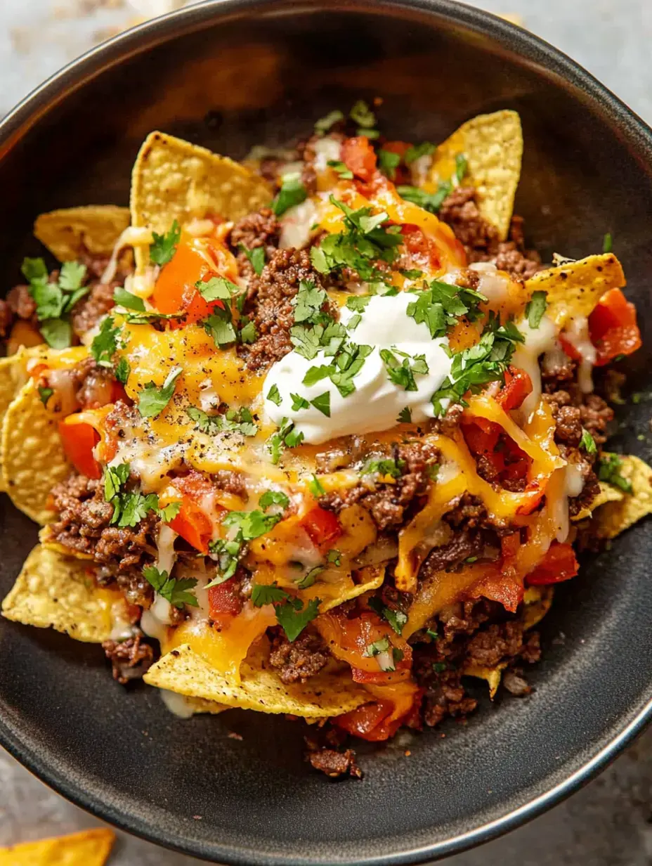 Un bol garni de nachos, bœuf haché épicé, fromage fondu, dés de tomate, coriandre et une cuillerée de crème épaisse sur le dessus.