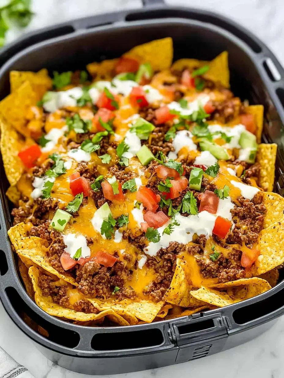 Gros plan sur un plat de nachos recouverts de bœuf haché, fromage coulant, tomates en dés, coriandre et crème épaisse.