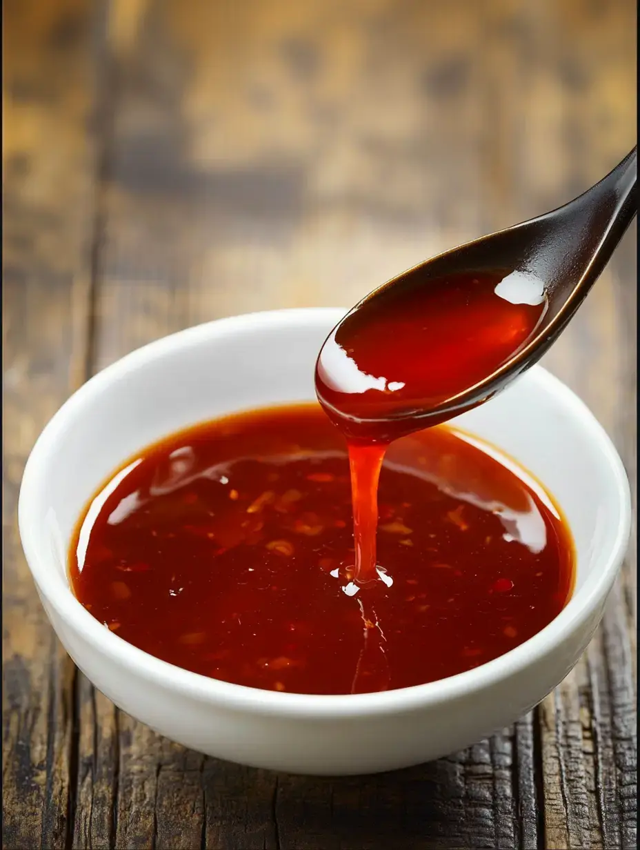 Une cuillère verse une sauce rouge épaisse d’un bol blanc sur une table en bois rustique.