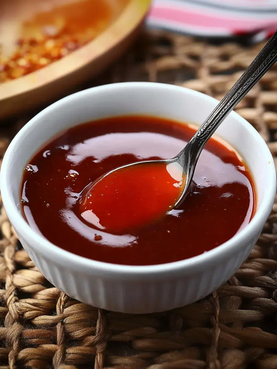 Un petit bol blanc rempli de sauce rouge brillante, avec une cuillère argentée, posé sur de l’osier.
