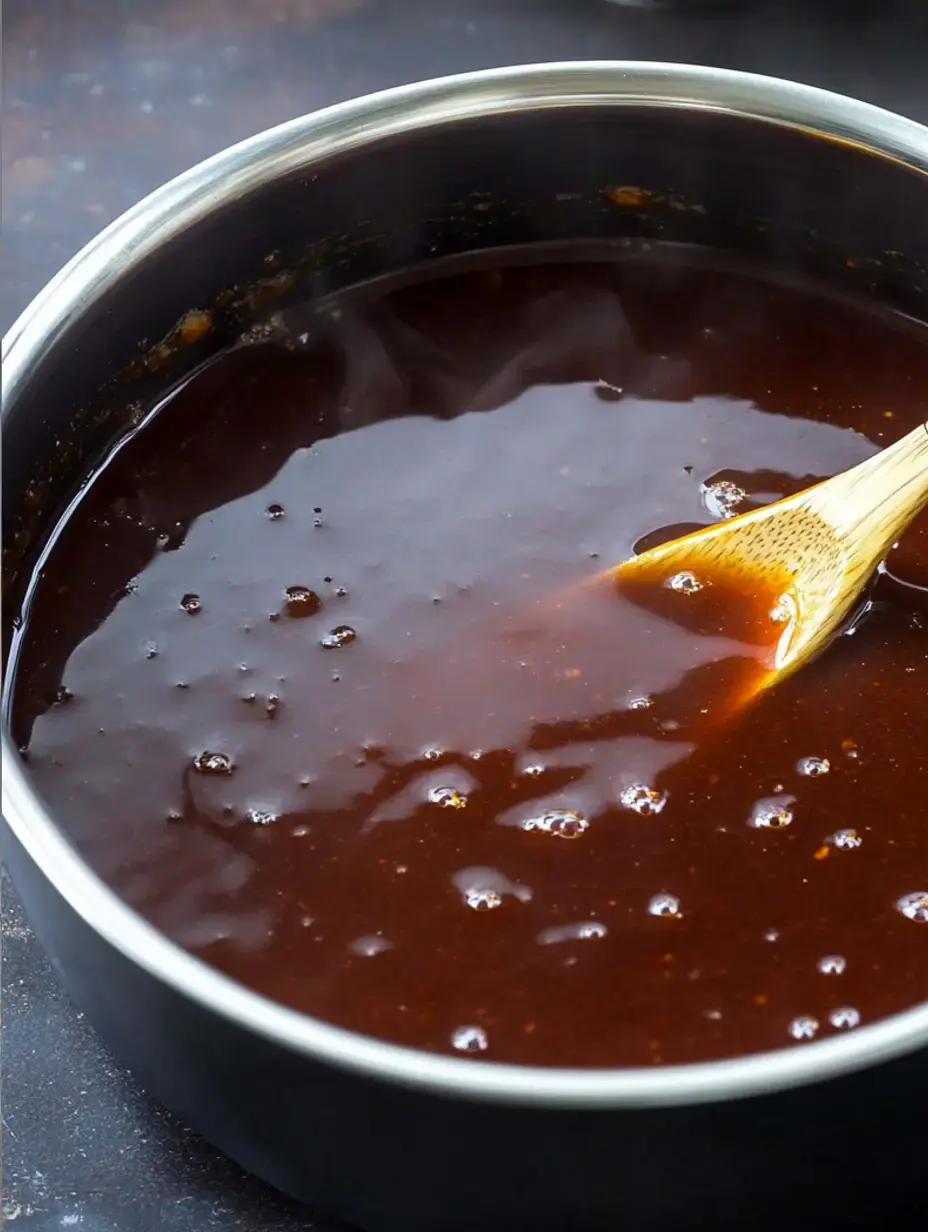 Gros plan sur une casserole remplie de sauce épaisse et sombre qui mijote, avec une cuillère en bois dedans.