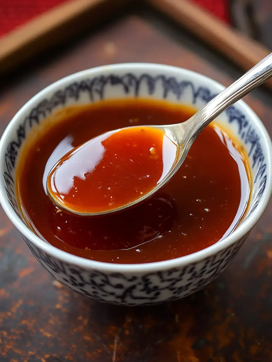 Une cuillère argentée repose dans un petit bol à motif rempli de sauce brune brillante.