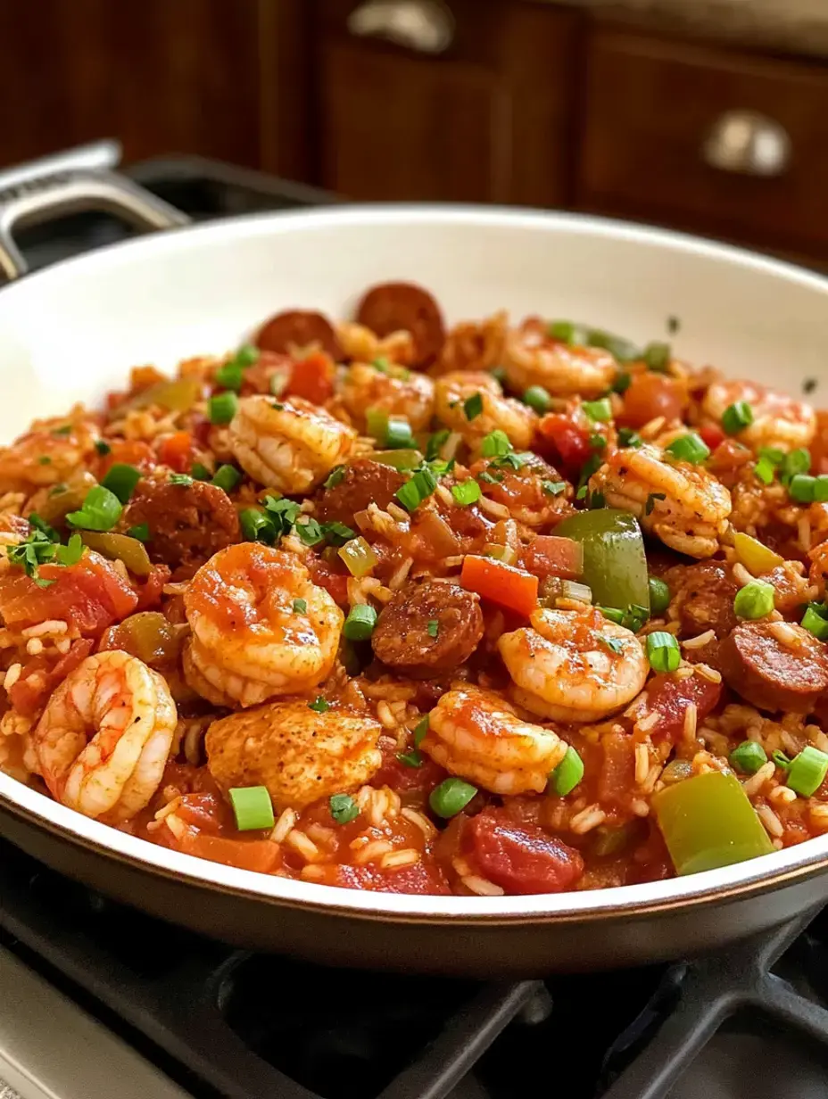 Un plat coloré avec crevettes, saucisse, riz et légumes dans une sauce tomate, parsemé d'oignons verts, dans une poêle.