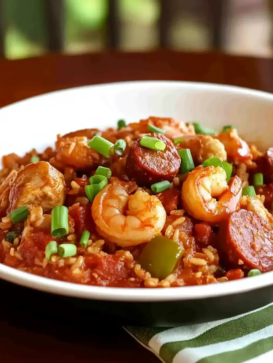Un bol éclatant de jambalaya crevettes-saucisse, décoré d'oignons verts émincés, sur une table en bois.