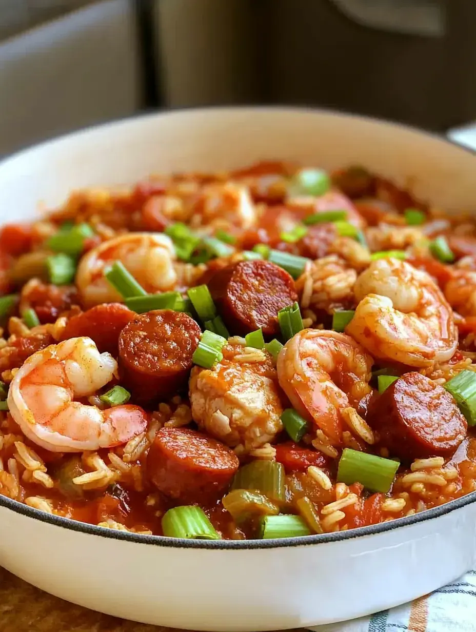 Un zoom sur un plat avec crevettes, saucisse, riz et oignons verts dessus.