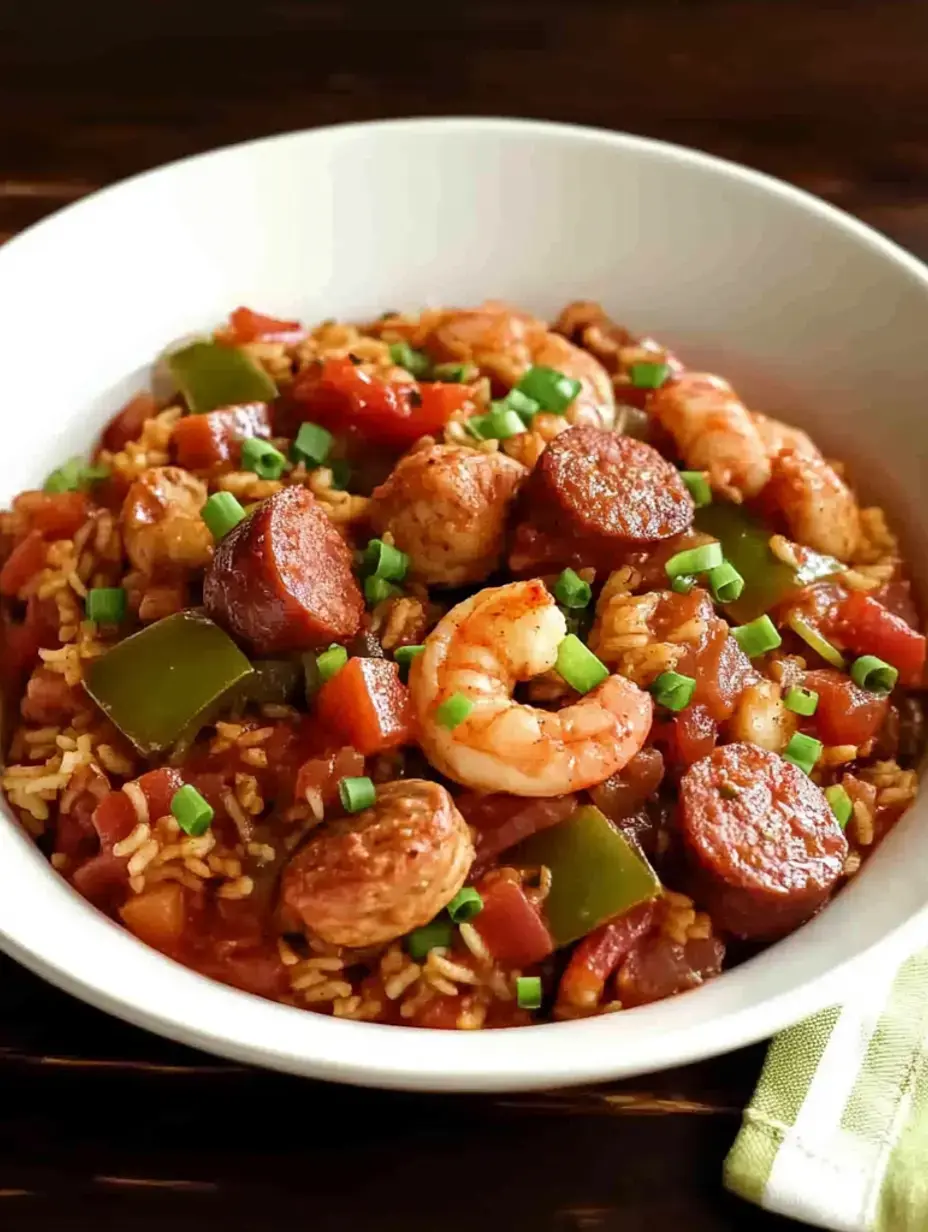 Un bol de riz garni de gambas, rondelles de saucisse, poivrons, dés de tomates et oignons verts ciselés.