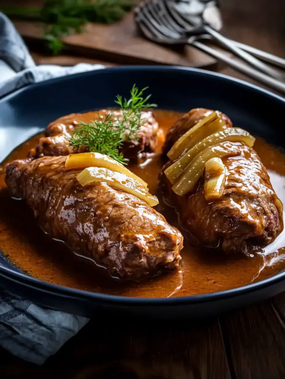 Une grande assiette bleue porte trois roulés de bœuf nappés d’une sauce brune, déco de rondelles d’oignons et d’herbes fraîches.