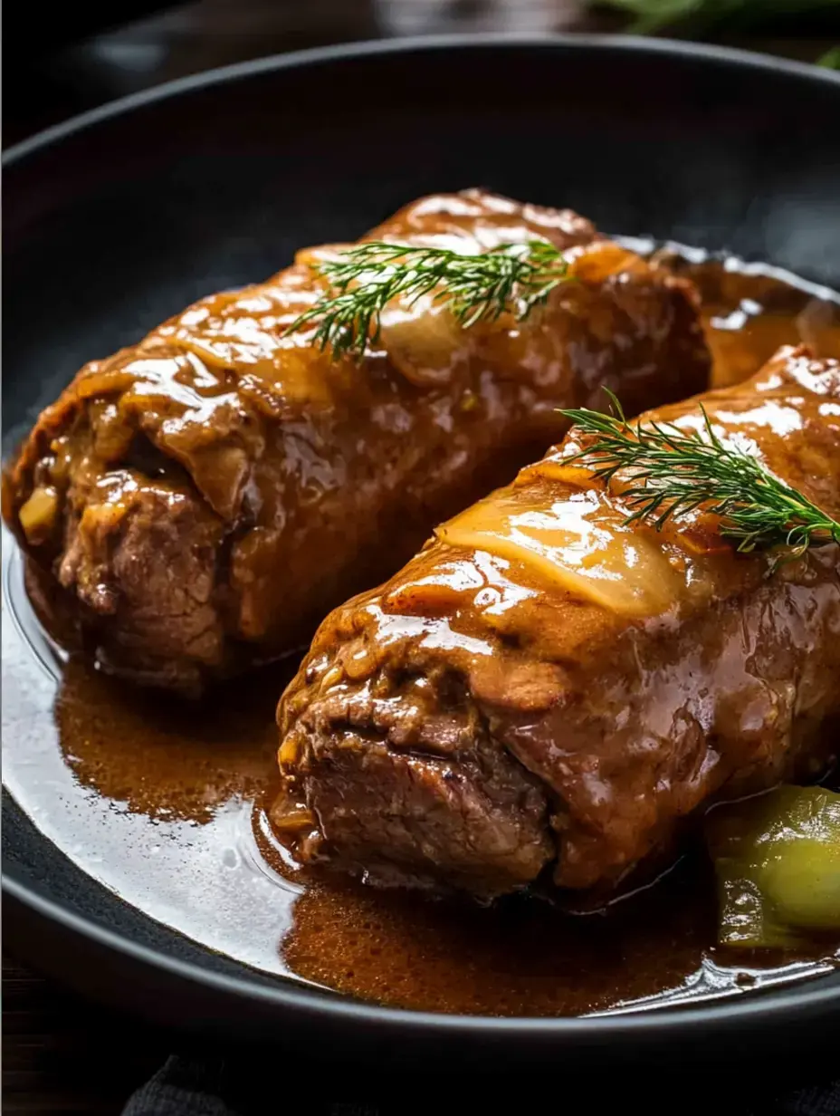 Deux roulés savoureux nappés d’une sauce brune, décor d’aneth frais, servis dans une assiette noire.