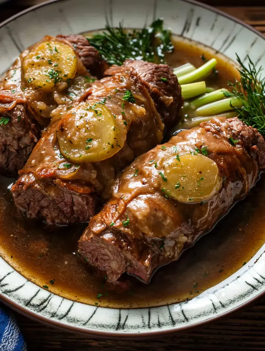 Zoom sur trois morceaux de roulés de bœuf avec des rondelles de citron et herbes, nappés d’une sauce gourmande sur une belle assiette.
