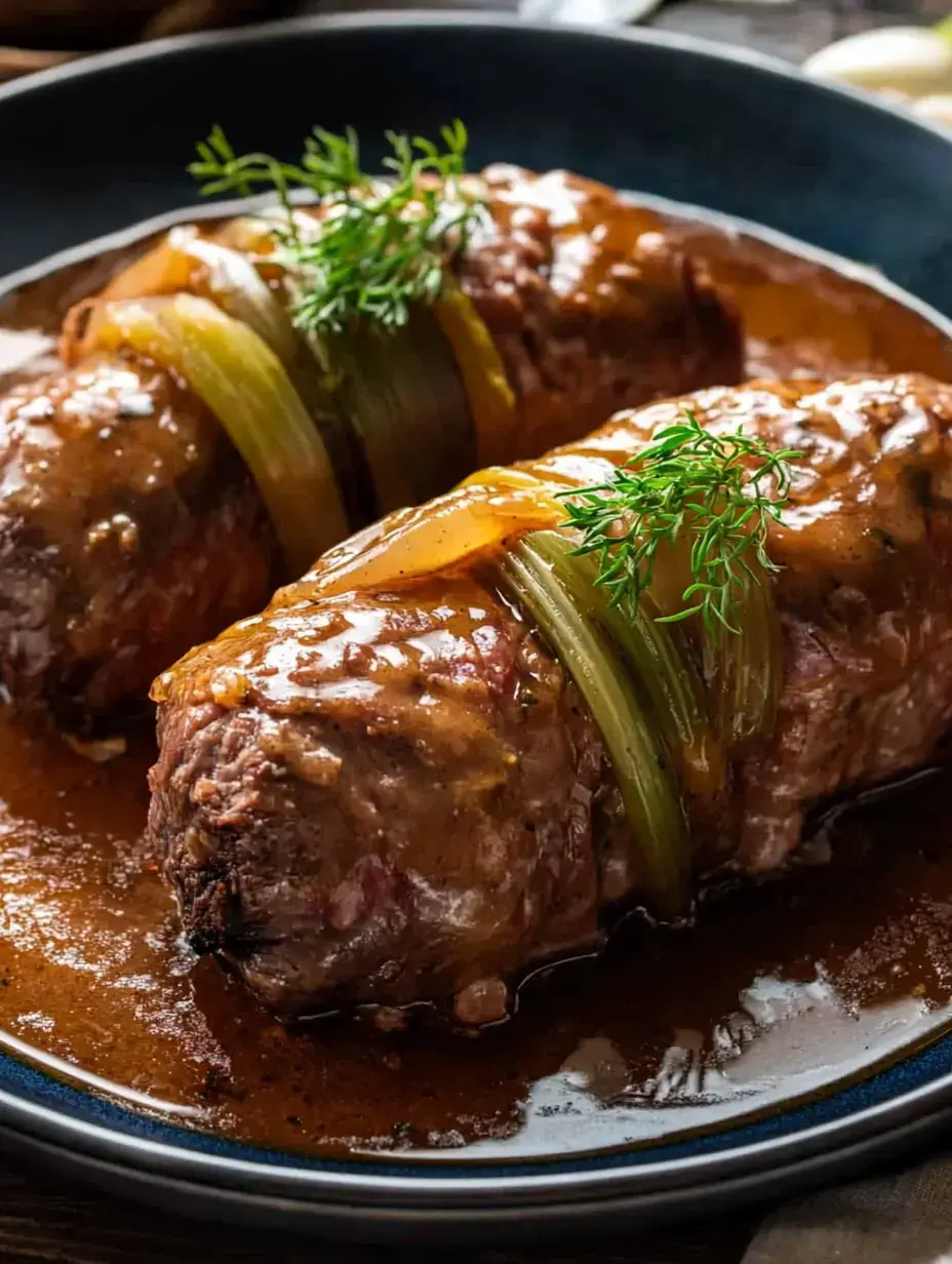 Zoom sur deux morceaux de roulade nappés de sauce et saupoudrés d’herbes, servis dans un petit bol foncé.