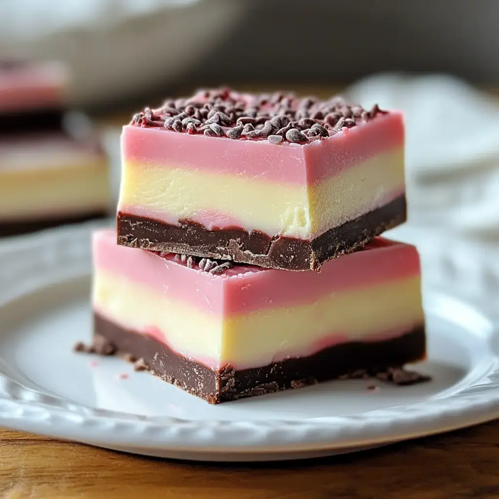 Deux carrés superposés d'un dessert en couches avec du chocolat, une couche jaune, et une rose, le tout décoré de vermicelles au chocolat.