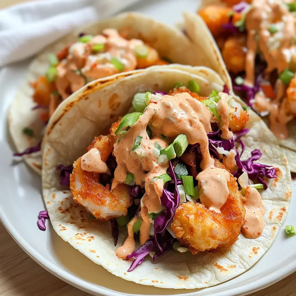 Trois tacos aux crevettes croustillantes, chou rouge et sauce crémeuse, servis sur une assiette.