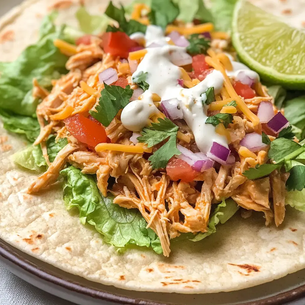 Un gros plan d'une tortilla garnie de poulet effiloché, laitue, tomates, fromage, coriandre et une rondelle de citron vert, arrosée de crème.