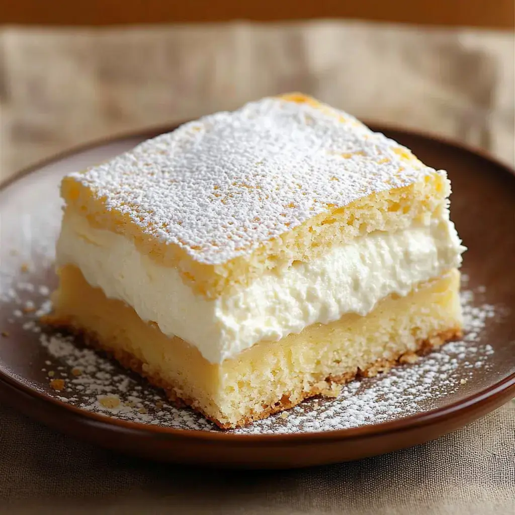 Une part de dessert en couches, avec une pâte dorée, du sucre glace et une crème légère sur une assiette marron.